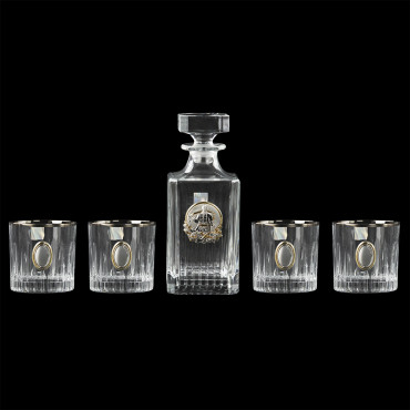 Набір бокалів для віскі BOSS CRYSTAL Графін Козак з шаблею + 4 бокали, платинова окантовка + накладки золото та срібло + шкіряний кейс (BCR5KSGPL)