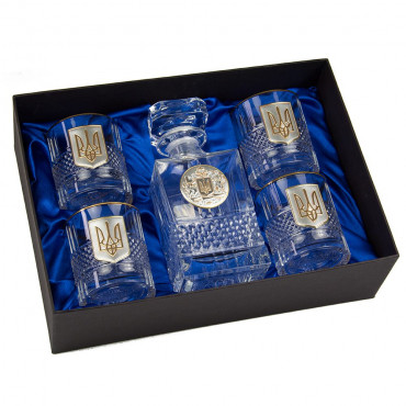 Набір бокалів для віскі BOSS CRYSTAL Графін з гербом + 4 бокала з тризубом, золота окантовка + накладки золото та срібло (BCR5GTGLD)