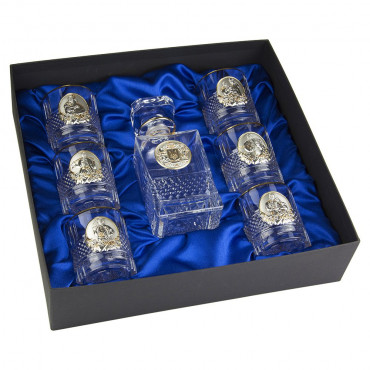 Набір стаканів для віскі BOSS CRYSTAL Графін з гербом + 6 стаканів з різними зображеннями козаків, золота окантовка + накладки золото та срібло (BCR7GKGLD)